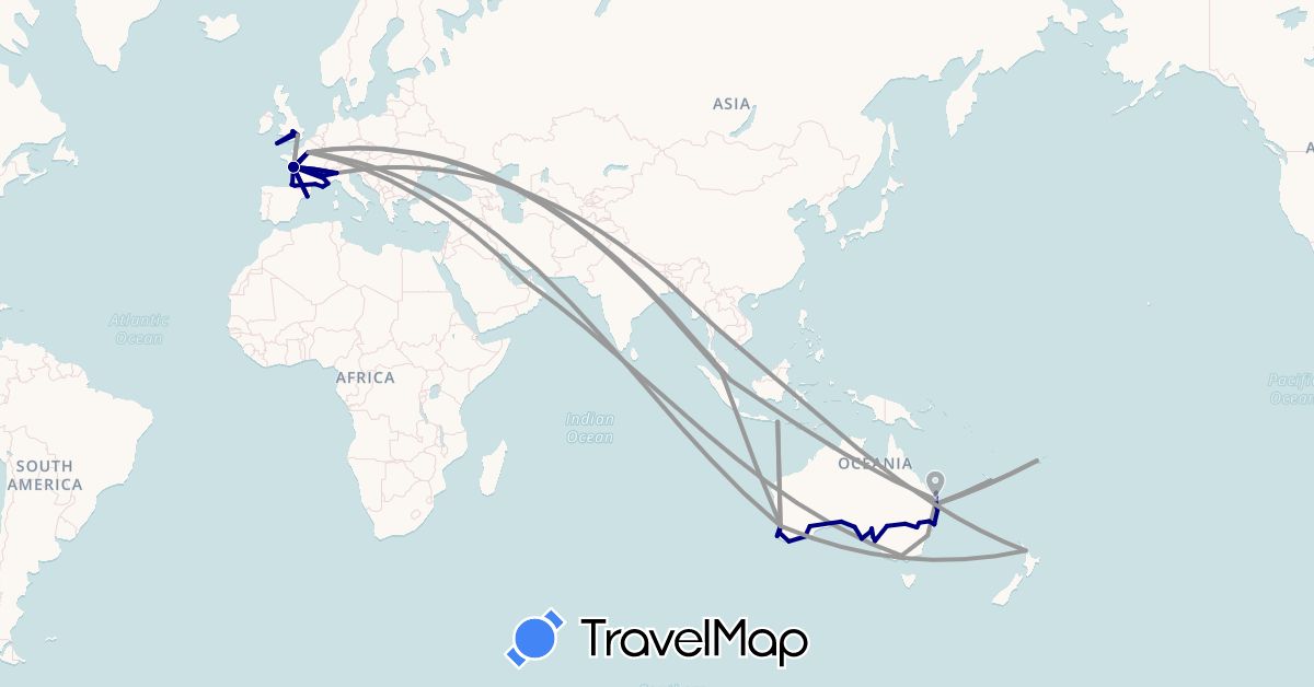 TravelMap itinerary: driving, plane in United Arab Emirates, Australia, Spain, Fiji, France, United Kingdom, Indonesia, Italy, Malaysia, New Caledonia, New Zealand, Singapore, Thailand (Asia, Europe, Oceania)